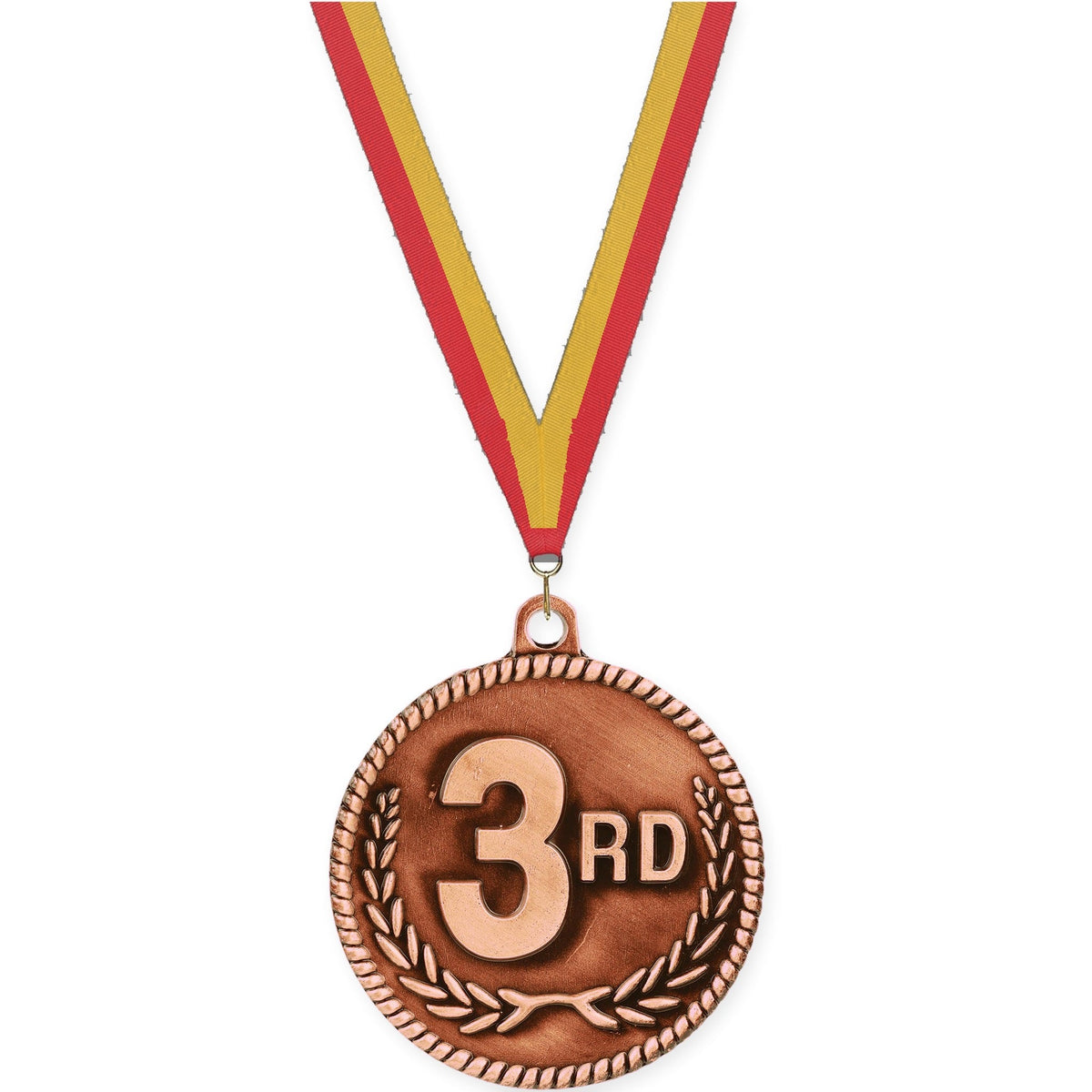 2 inch Place High Relief medal in bronze - 3rd place with Red Gold neck ribbon