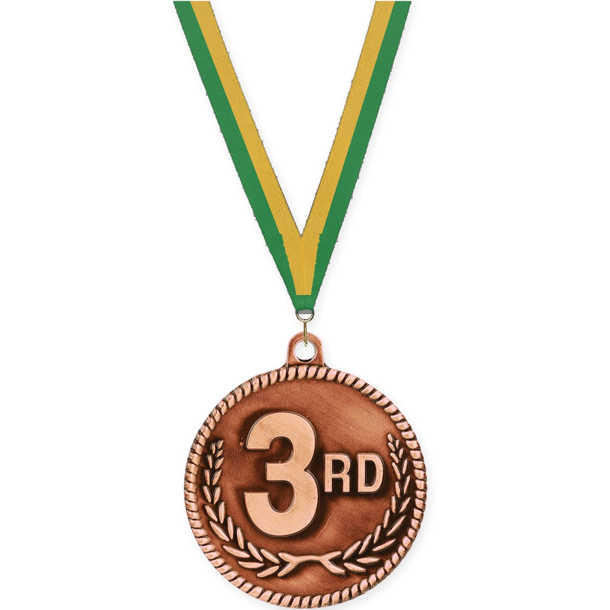 2 inch Place High Relief medal in bronze - 3rd place with Green Gold neck ribbon