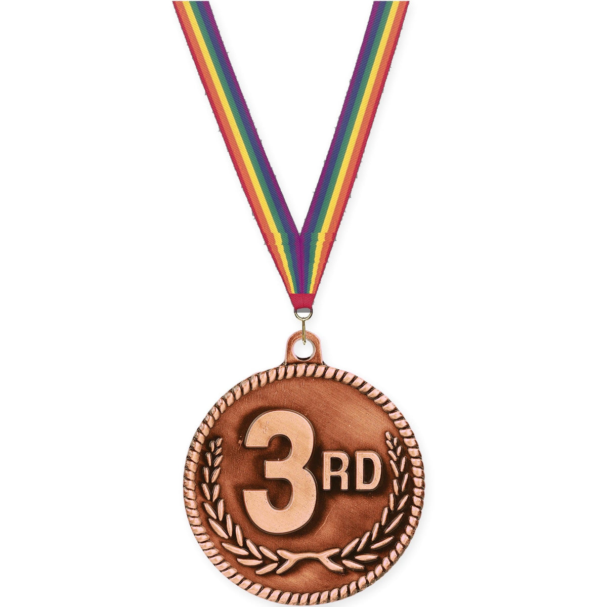 2 inch Place High Relief medal in bronze - 3rd place with Rainbow neck ribbon
