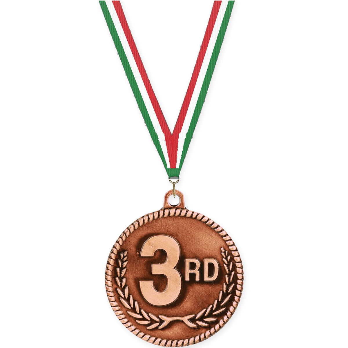 2 inch Place High Relief medal in bronze - 3rd place with Green White Red neck ribbon