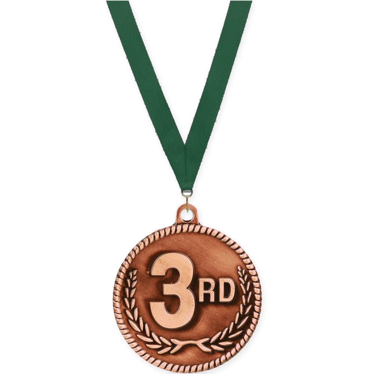 2 inch Place High Relief medal in bronze - 3rd place with Hunter Green neck ribbon
