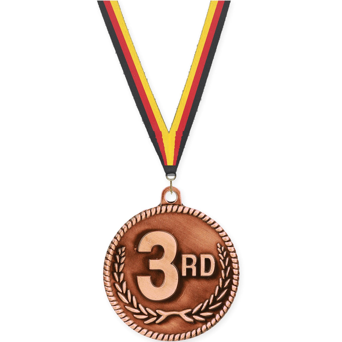 2 inch Place High Relief medal in bronze - 3rd place with Black Red Yellow neck ribbon