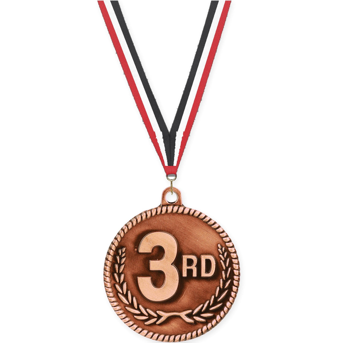 2 inch Place High Relief medal in bronze - 3rd place with Red White Black neck ribbon