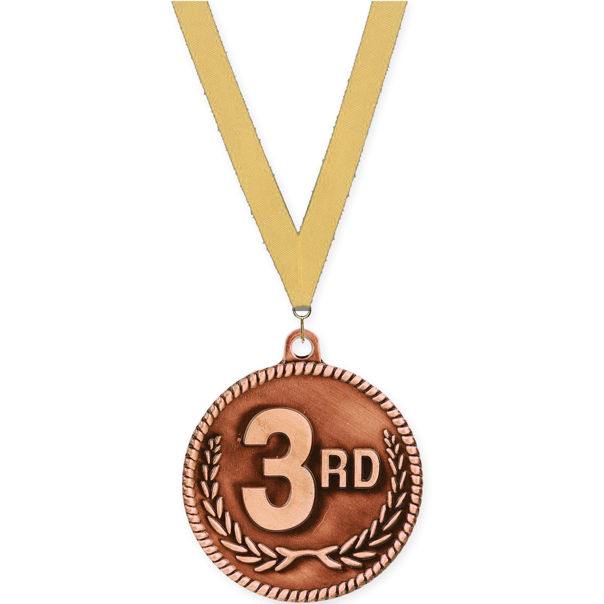 2 inch Place High Relief medal in bronze - 3rd place with Gold Metallic neck ribbon