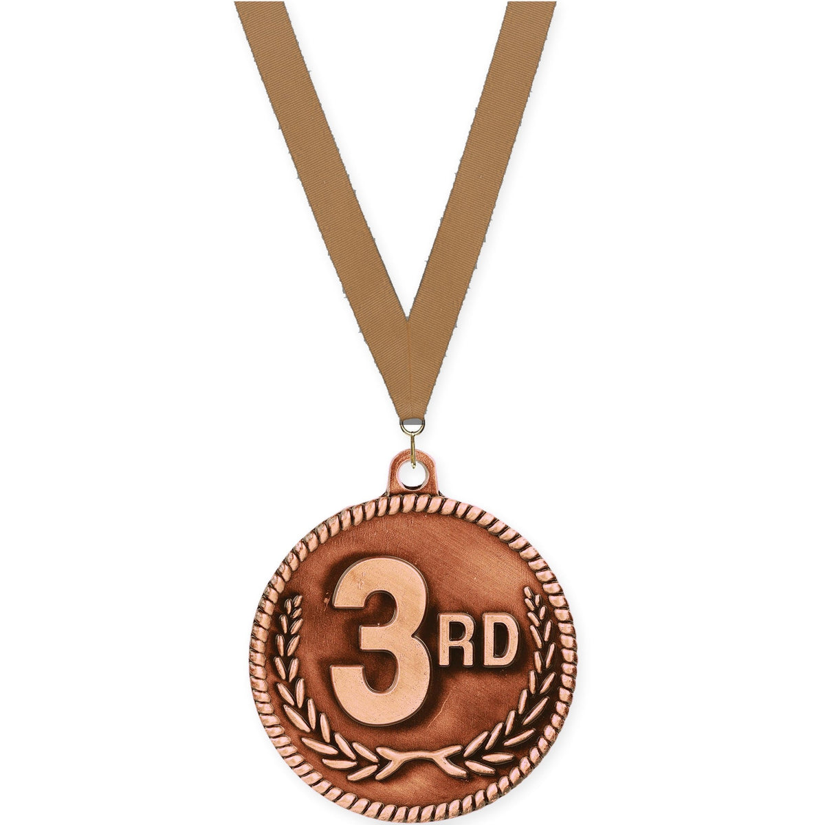 2 inch Place High Relief medal in bronze - 3rd place with Bronze Metallic neck ribbon