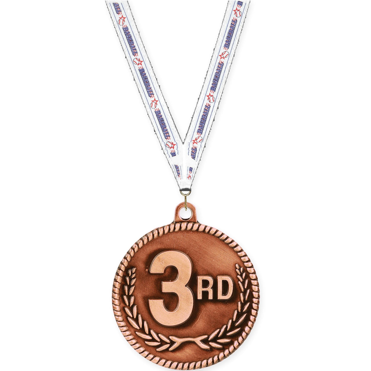 2 inch Place High Relief medal in bronze - 3rd place with Baseball neck ribbon