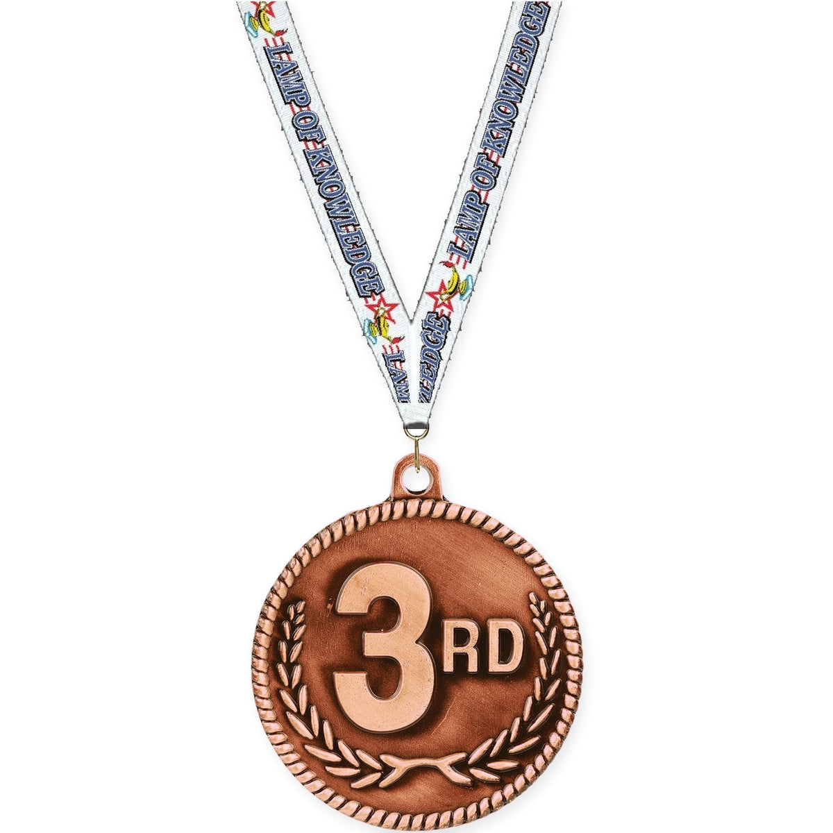 2 inch Place High Relief medal in bronze - 3rd place with Lamp Of Knowledge neck ribbon