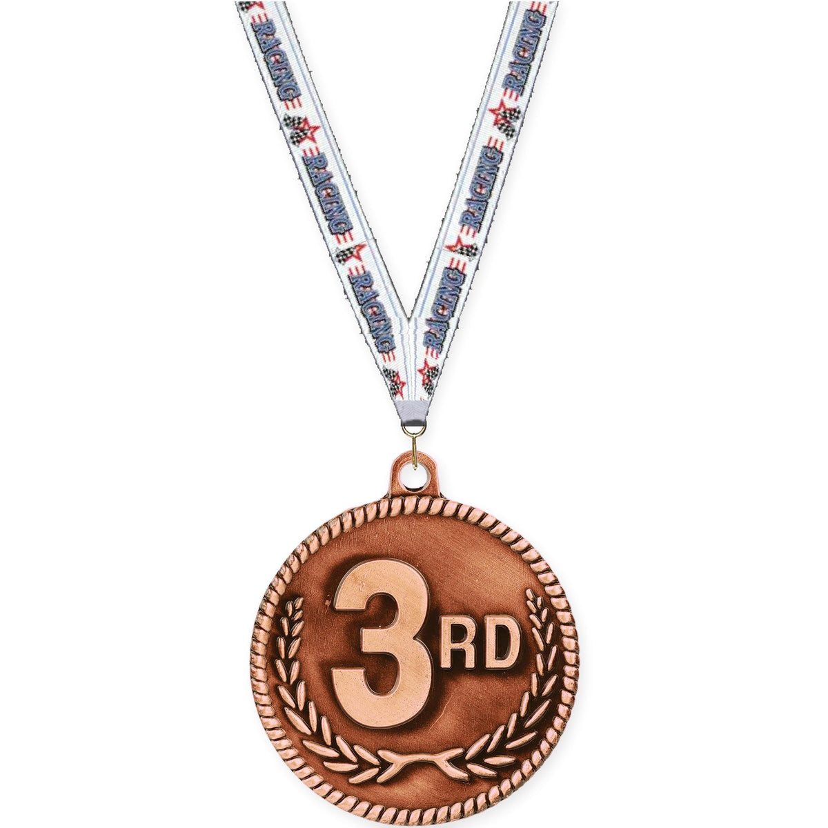 2 inch Place High Relief medal in bronze - 3rd place with Auto Racing neck ribbon