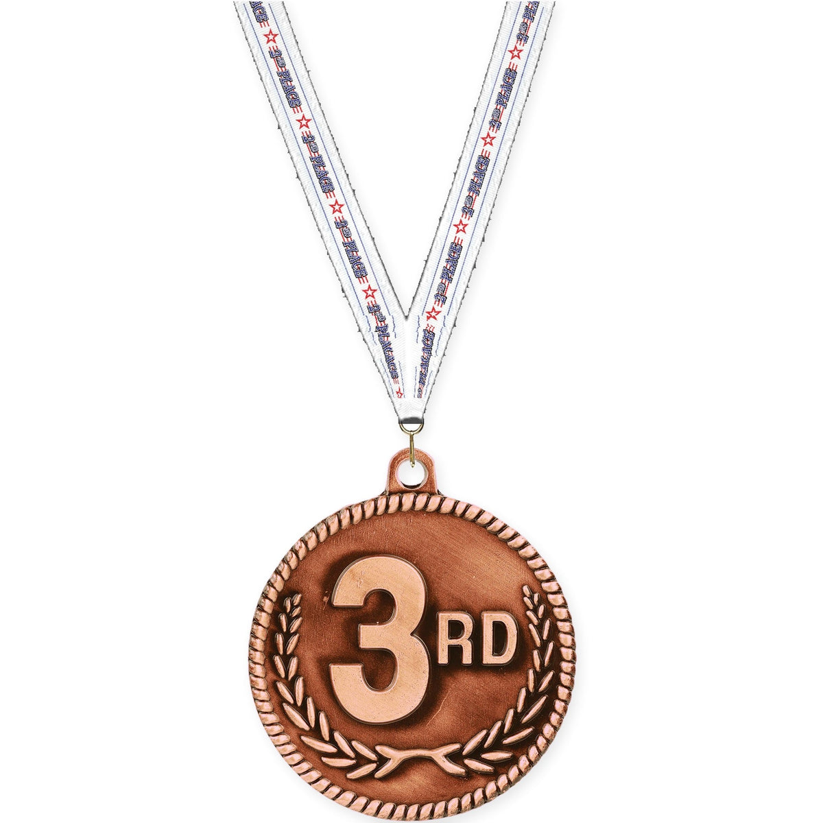 2 inch Place High Relief medal in bronze - 3rd place with 2nd Place neck ribbon