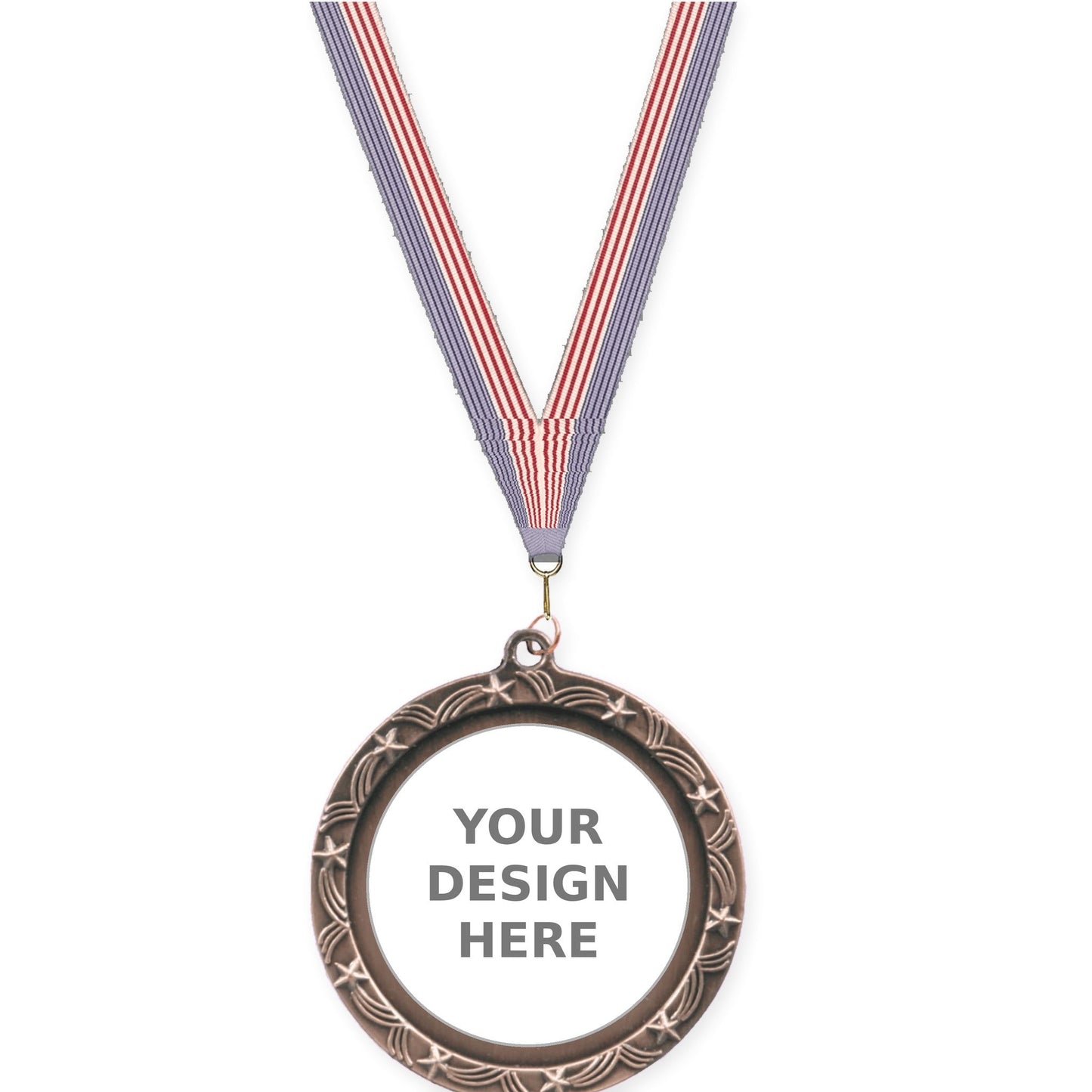 2 1/2 inch Star Halo insert medal in antique bronze with USA Flag neck ribbon