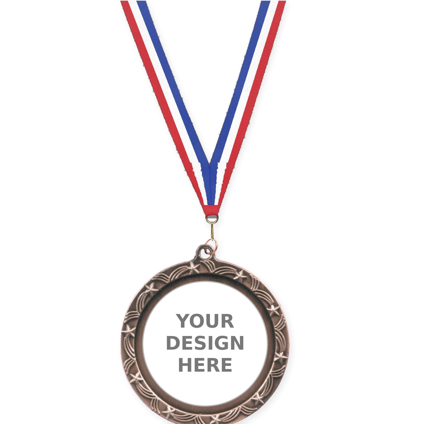 2 1/2 inch Star Halo insert medal in antique bronze with Red White Blue neck ribbon