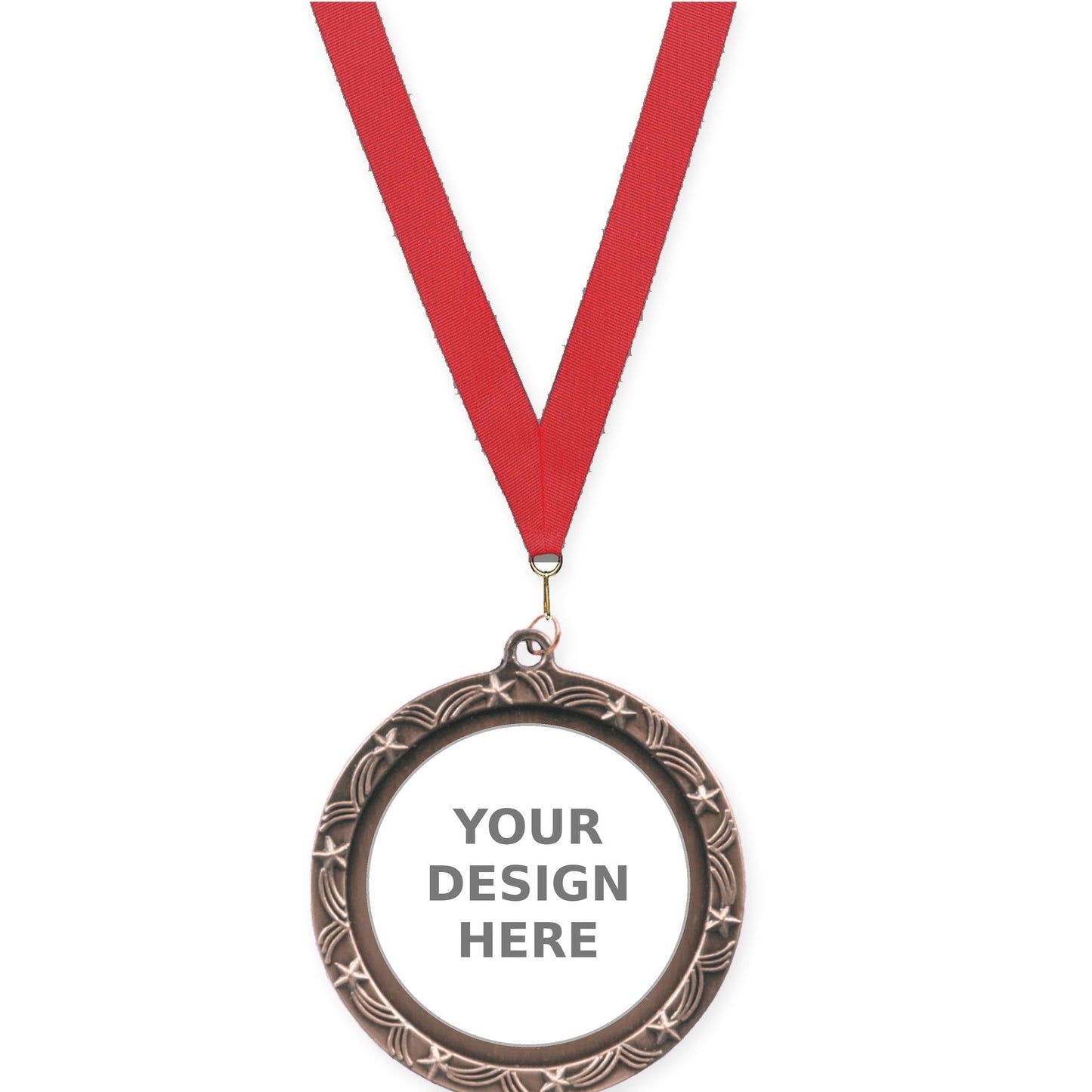 2 1/2 inch Star Halo insert medal in antique bronze with Red neck ribbon