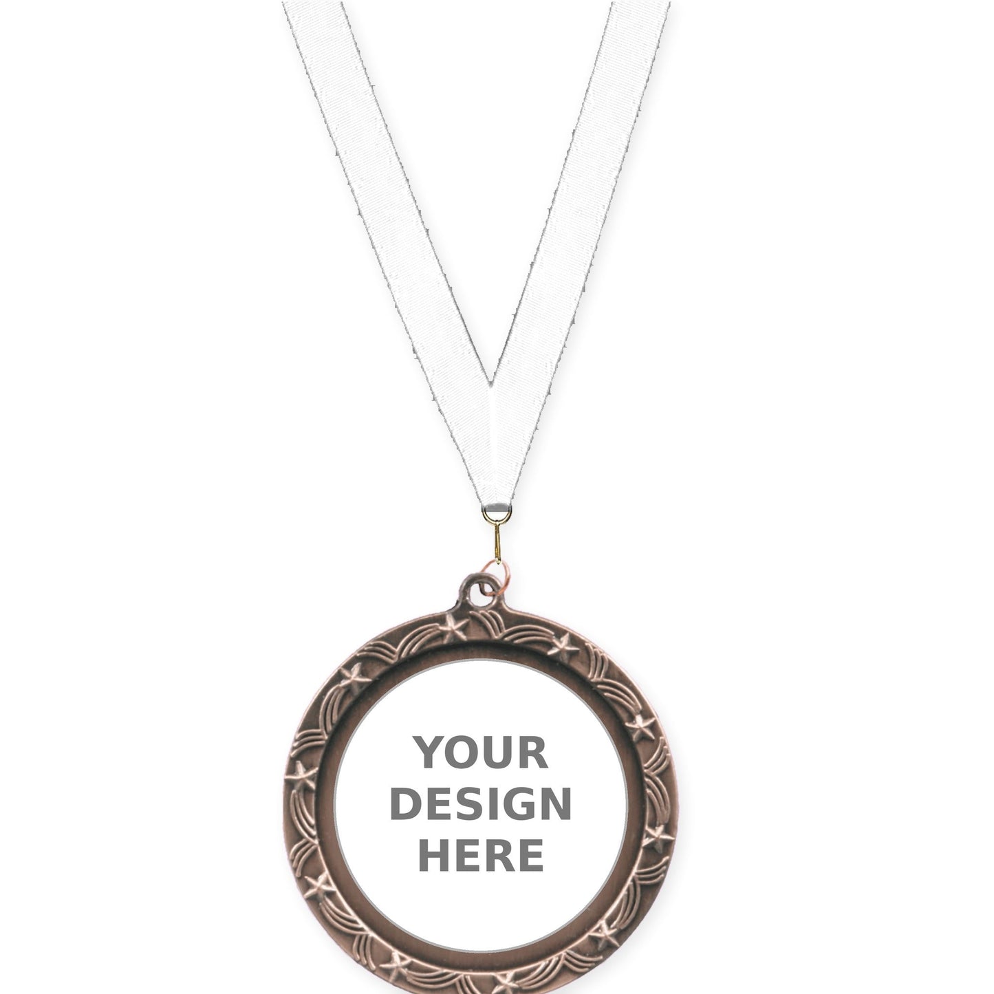 2 1/2 inch Star Halo insert medal in antique bronze with White neck ribbon