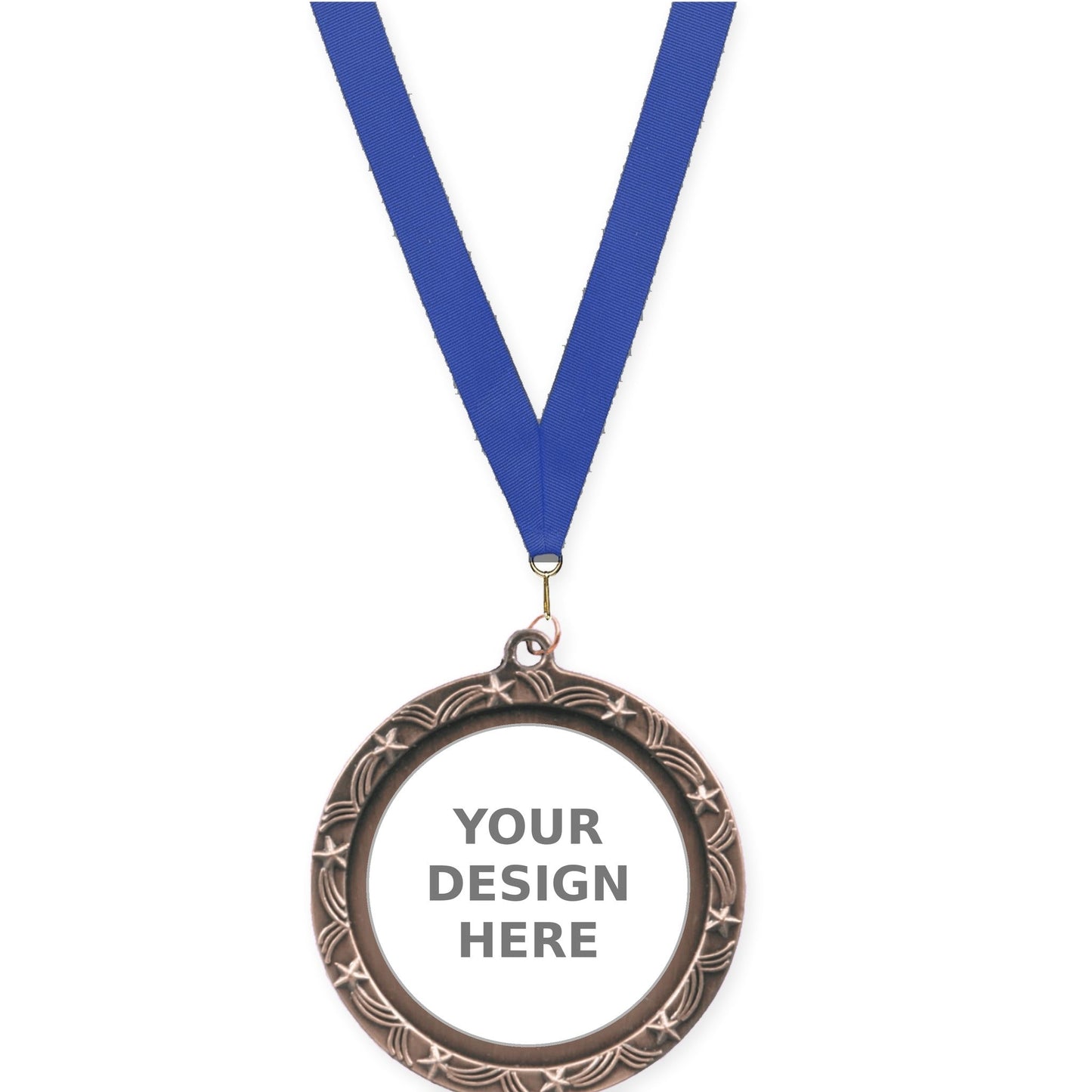 2 1/2 inch Star Halo insert medal in antique bronze with Blue neck ribbon
