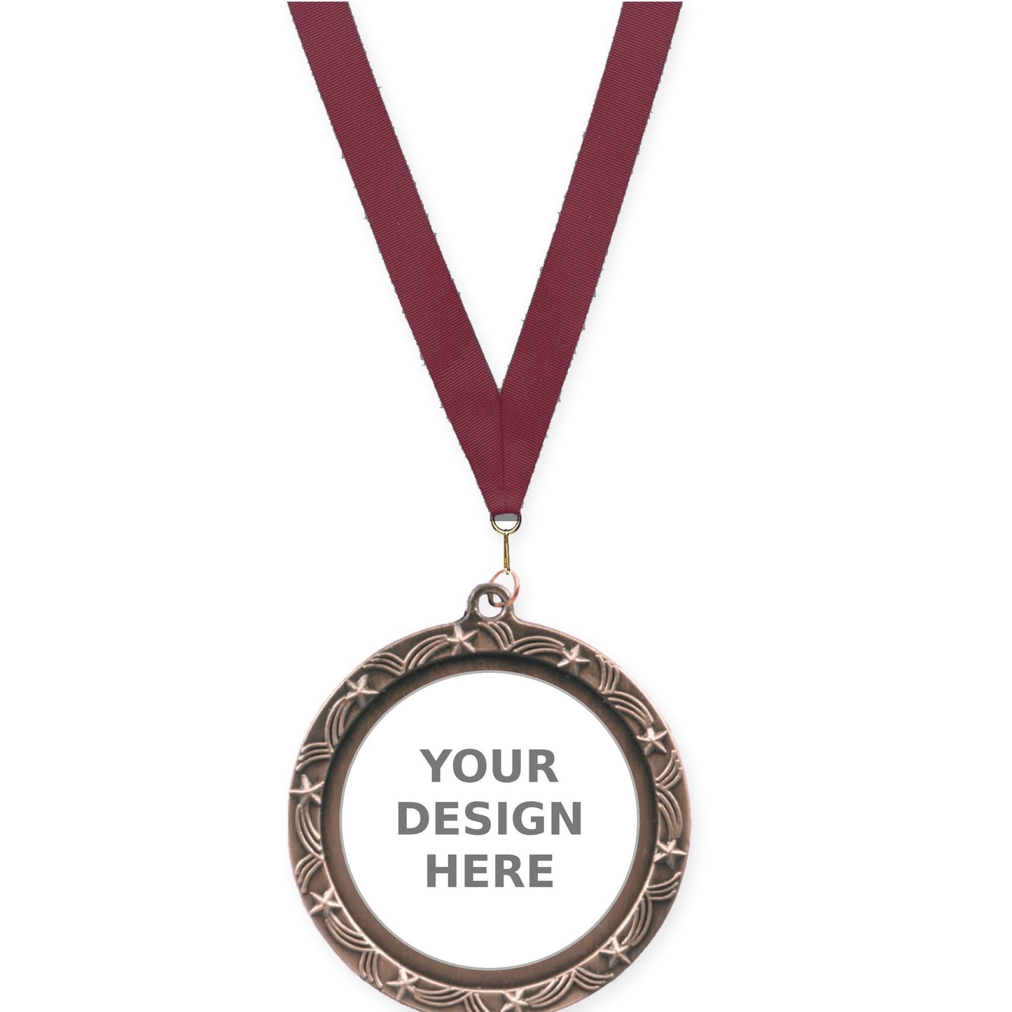 2 1/2 inch Star Halo insert medal in antique bronze with Maroon neck ribbon