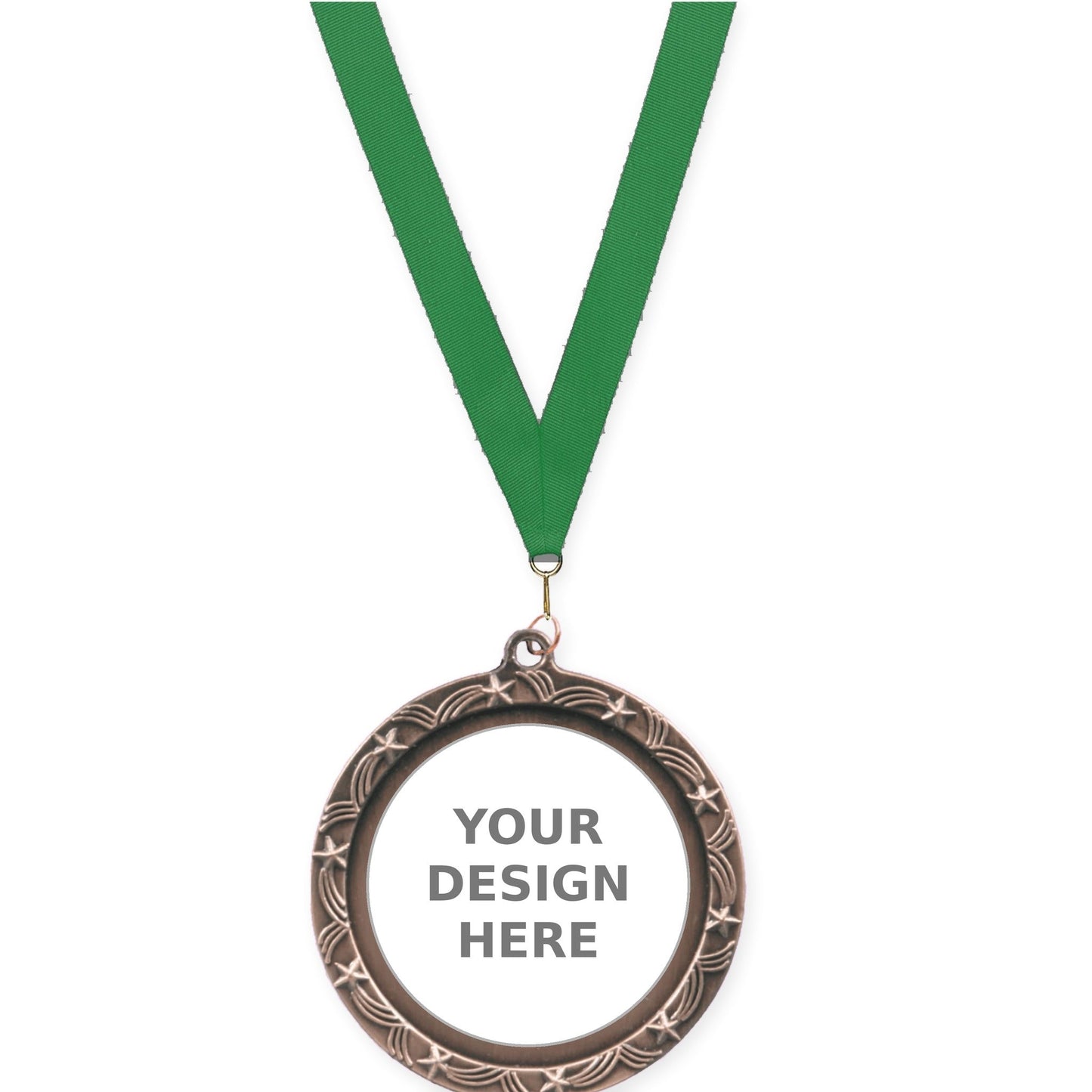 2 1/2 inch Star Halo insert medal in antique bronze with Green neck ribbon