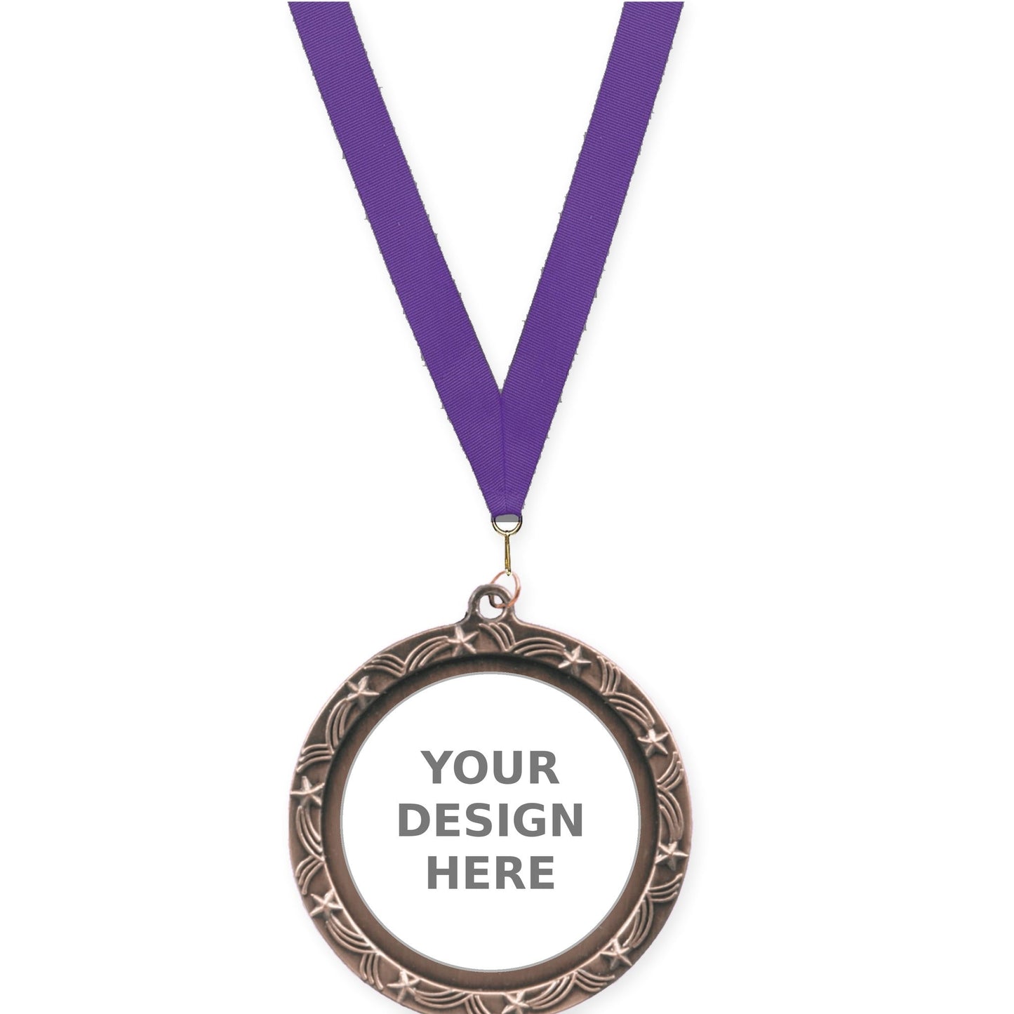 2 1/2 inch Star Halo insert medal in antique bronze with Purple neck ribbon