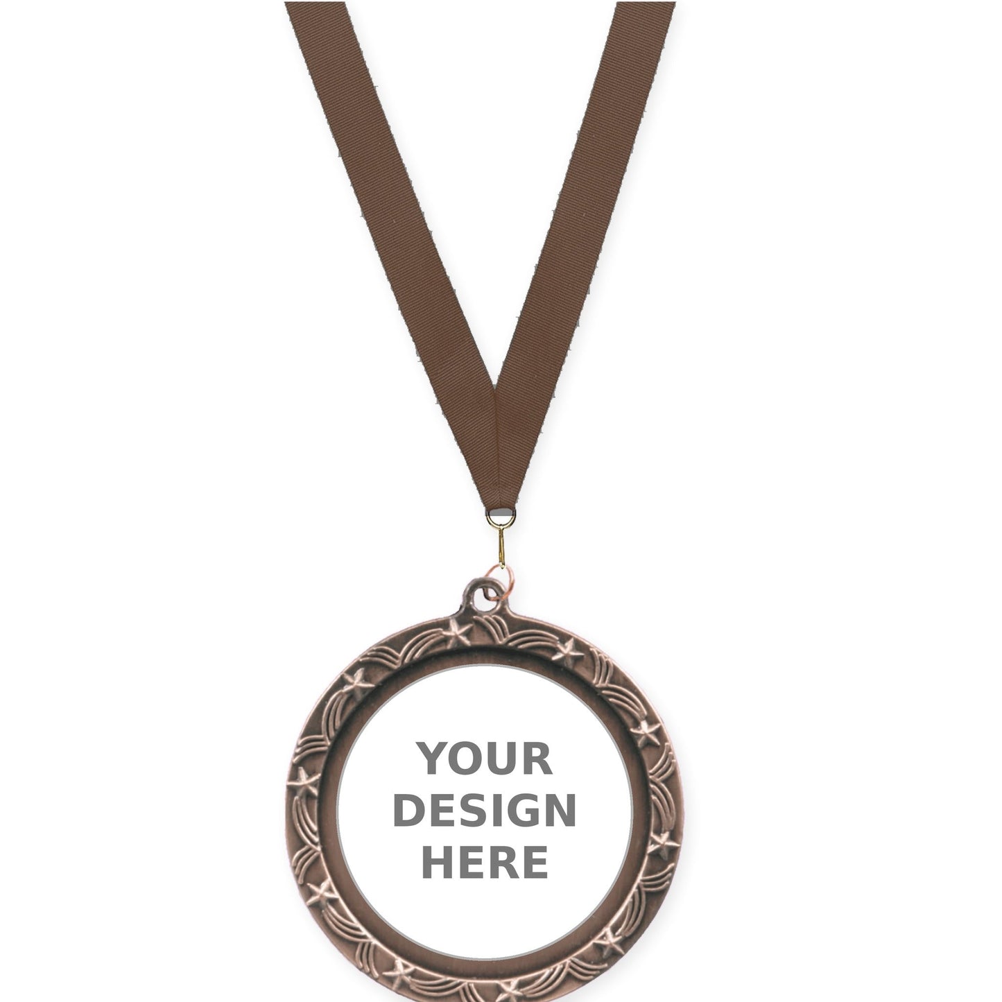 2 1/2 inch Star Halo insert medal in antique bronze with Brown neck ribbon