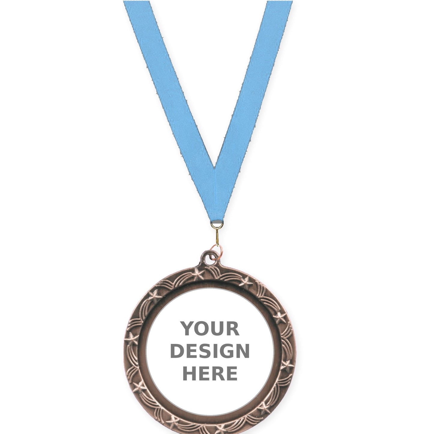 2 1/2 inch Star Halo insert medal in antique bronze with Light Blue neck ribbon