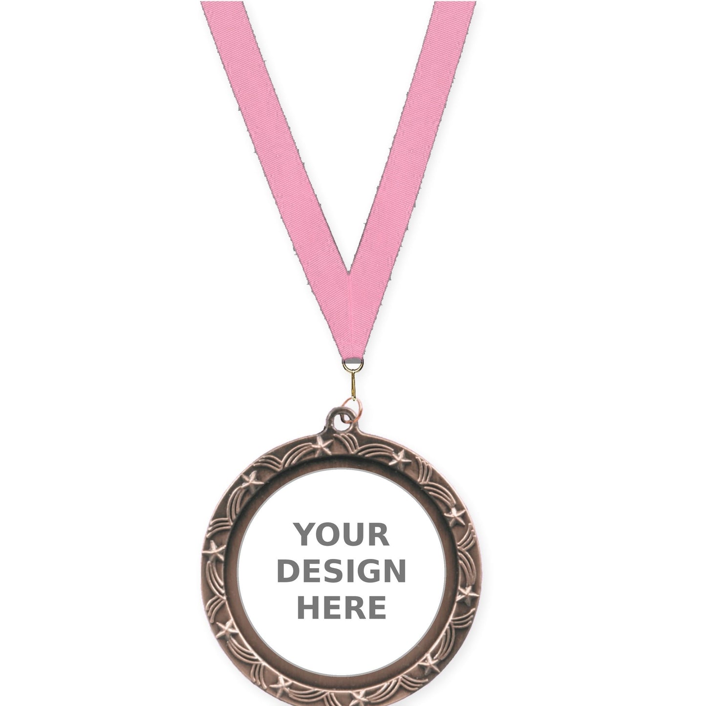 2 1/2 inch Star Halo insert medal in antique bronze with Pink neck ribbon