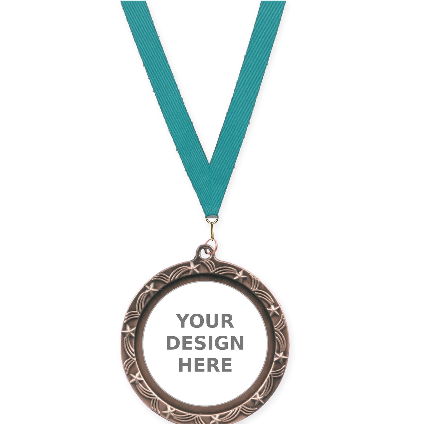2 1/2 inch Star Halo insert medal in antique bronze with Teal neck ribbon