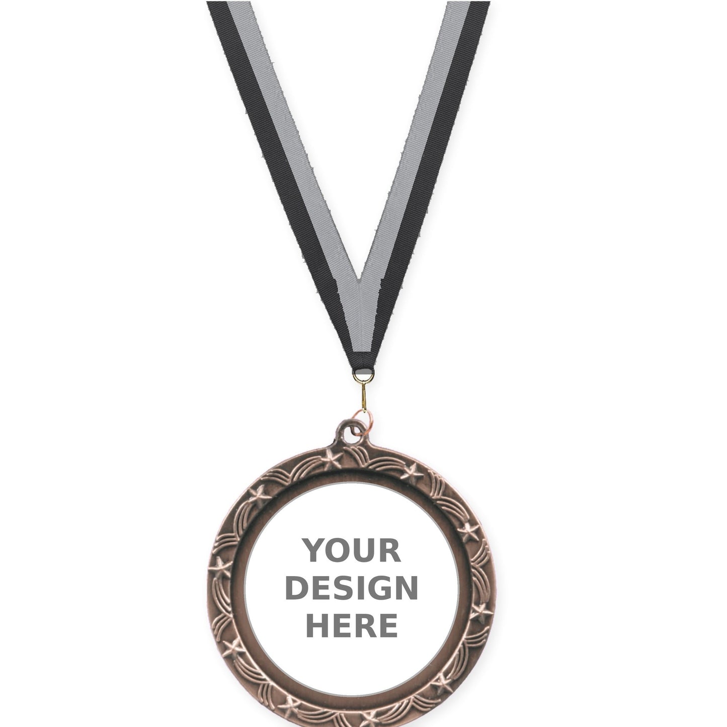 2 1/2 inch Star Halo insert medal in antique bronze with Black Gray neck ribbon