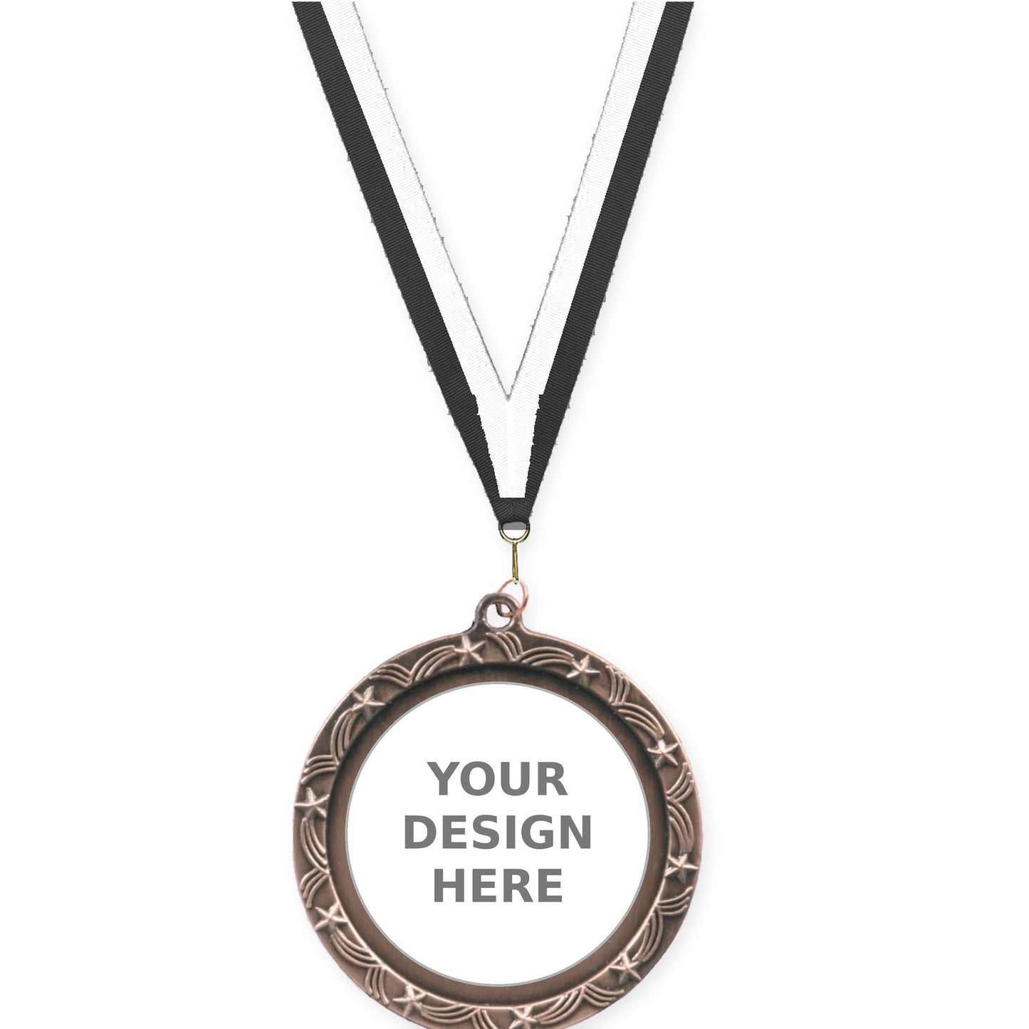 2 1/2 inch Star Halo insert medal in antique bronze with Black White neck ribbon
