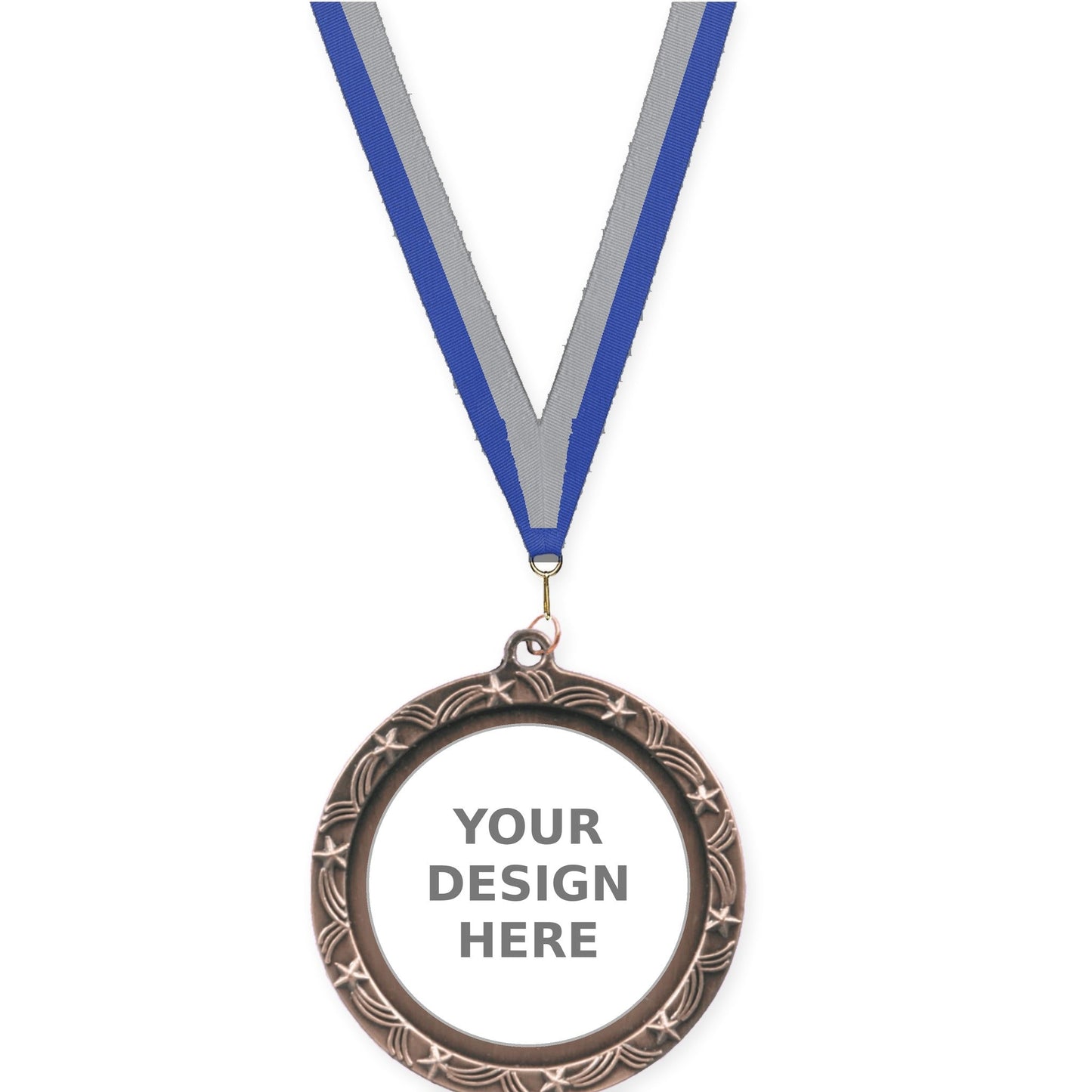 2 1/2 inch Star Halo insert medal in antique bronze with Blue Gray neck ribbon