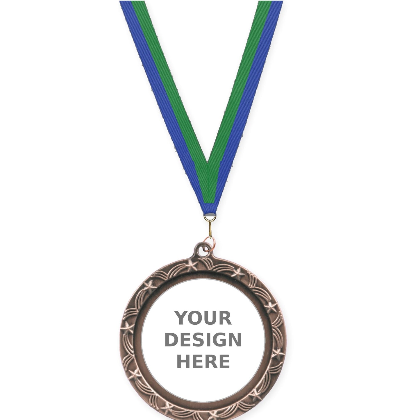 2 1/2 inch Star Halo insert medal in antique bronze with Blue Green neck ribbon