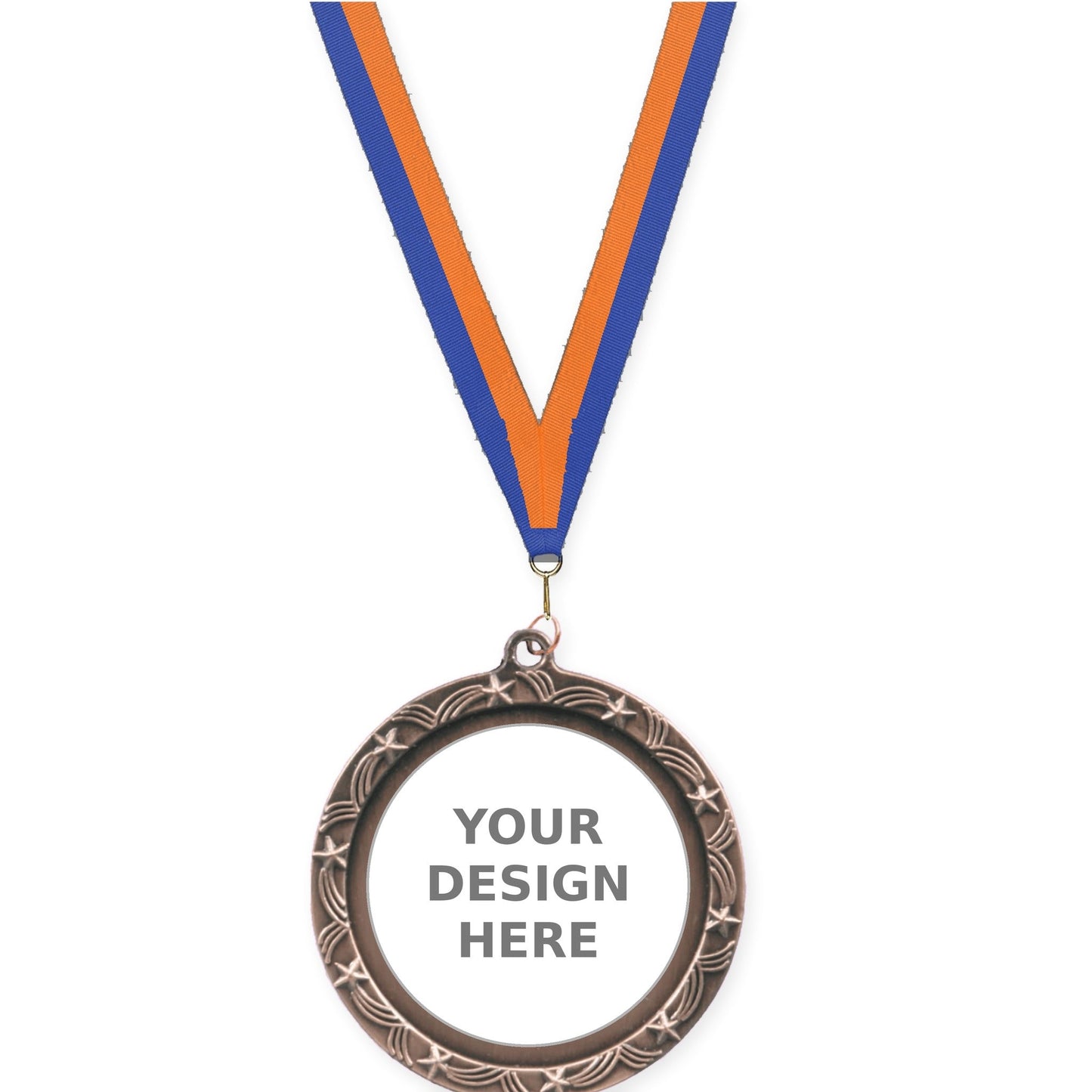 2 1/2 inch Star Halo insert medal in antique bronze with Blue Orange neck ribbon