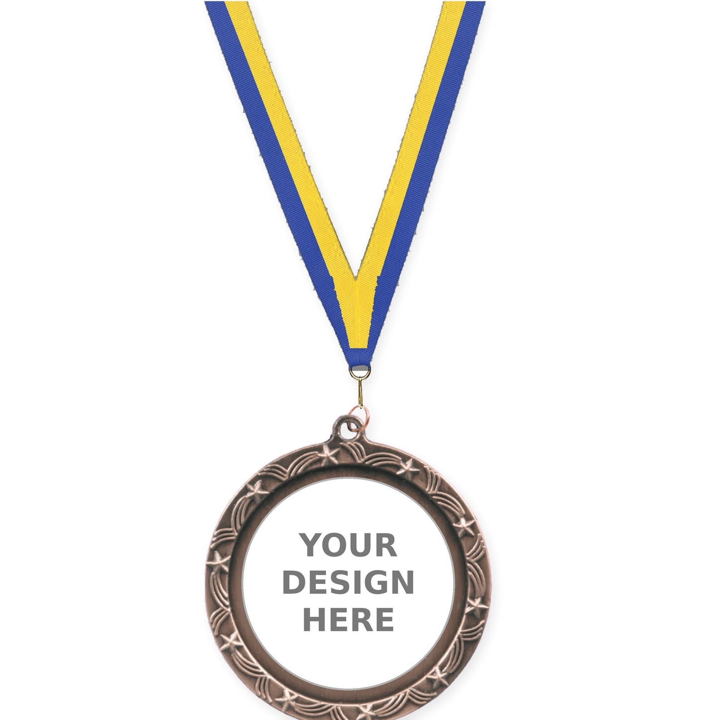 2 1/2 inch Star Halo insert medal in antique bronze with Blue Yellow neck ribbon