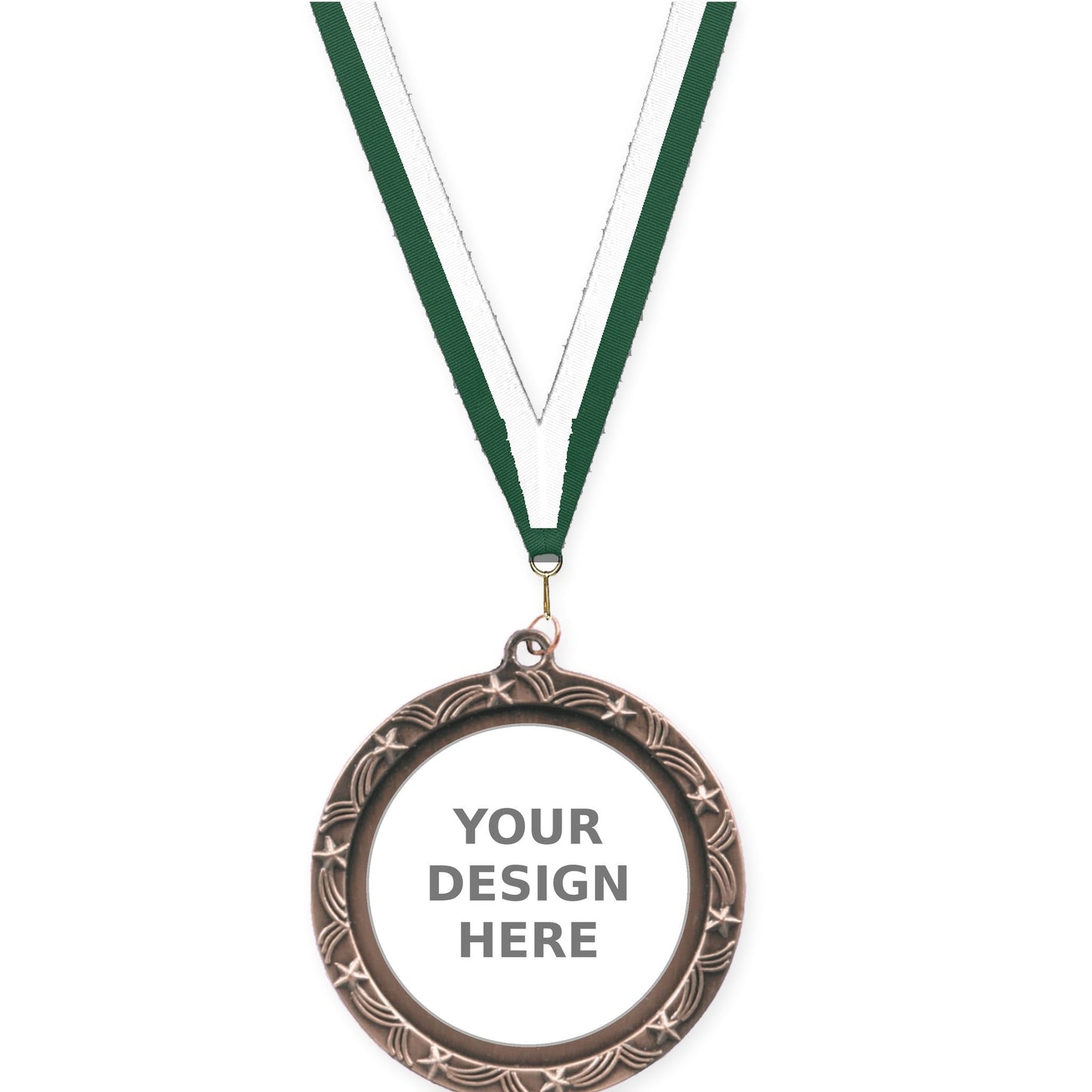 2 1/2 inch Star Halo insert medal in antique bronze with Hunter Green White neck ribbon