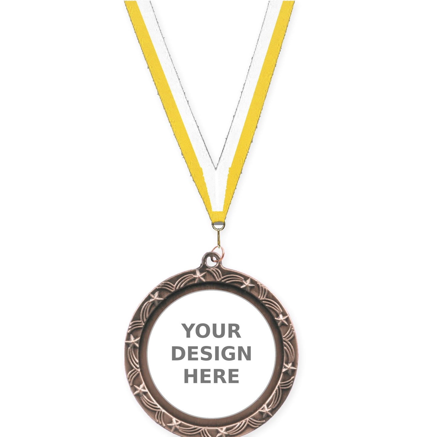 2 1/2 inch Star Halo insert medal in antique bronze with Yellow White neck ribbon