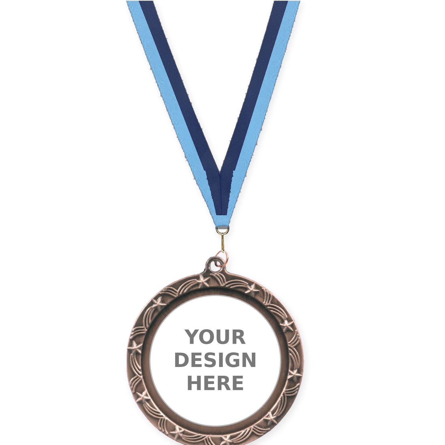 2 1/2 inch Star Halo insert medal in antique bronze with Light Blue Navy neck ribbon