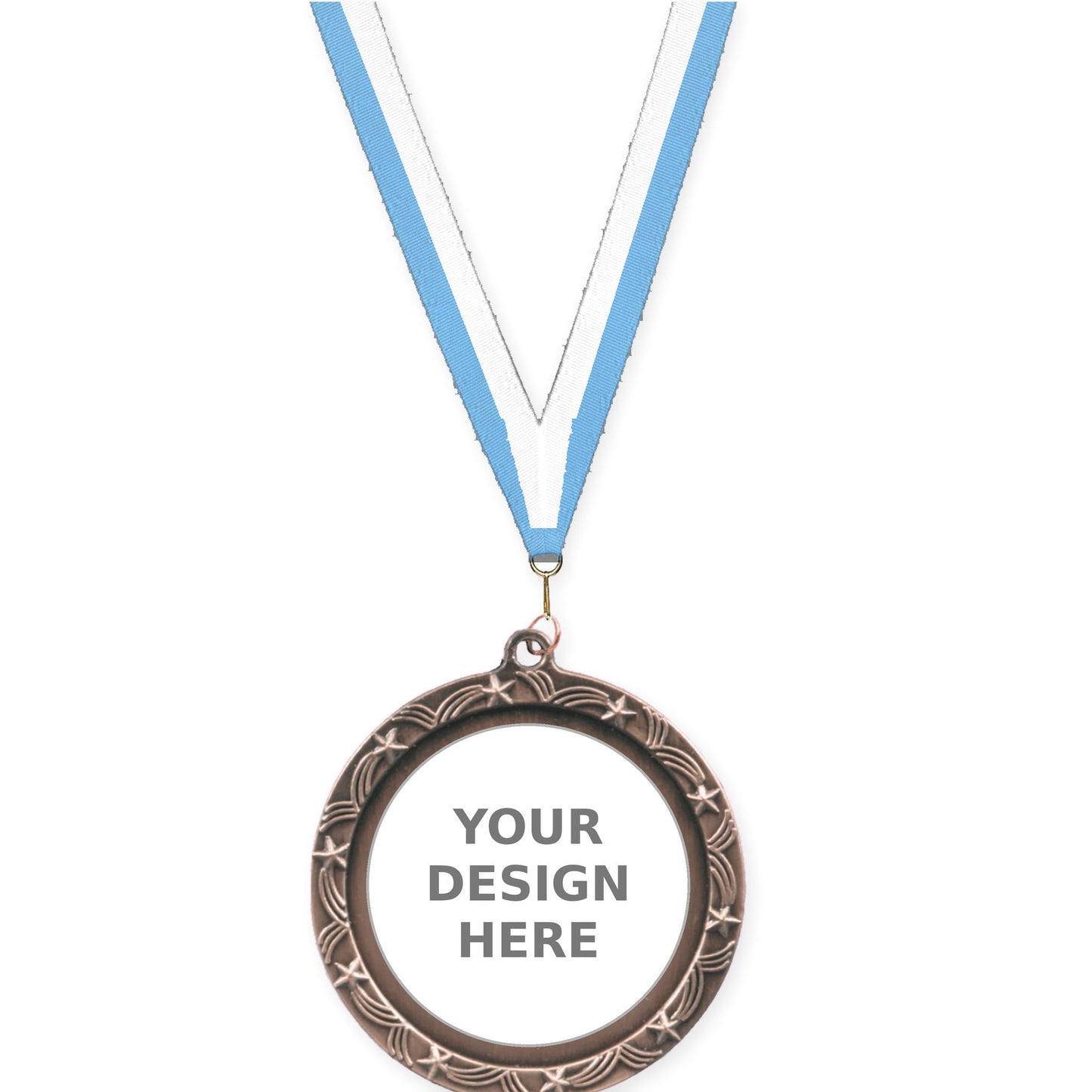 2 1/2 inch Star Halo insert medal in antique bronze with Light Blue White neck ribbon