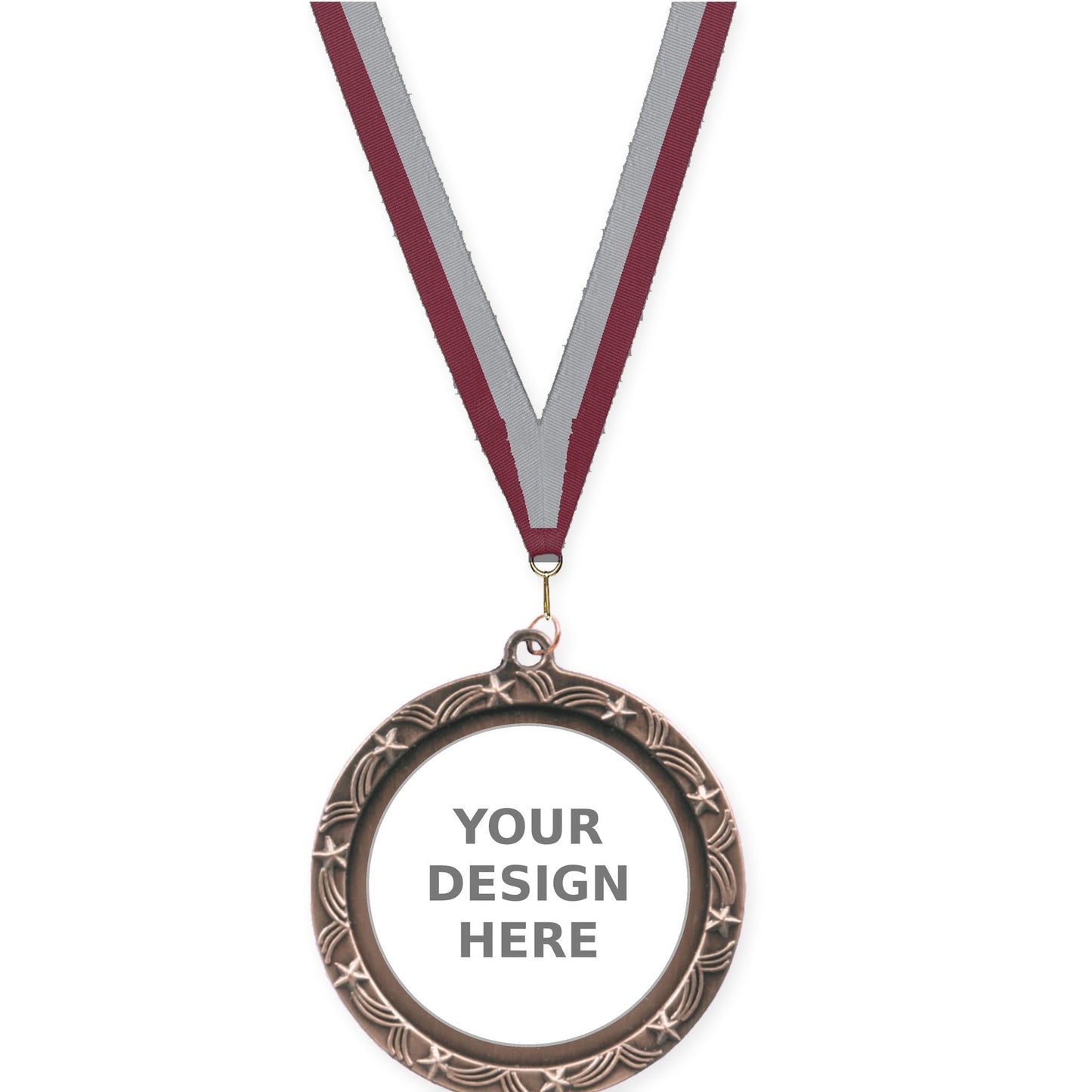 2 1/2 inch Star Halo insert medal in antique bronze with Maroon Gray neck ribbon