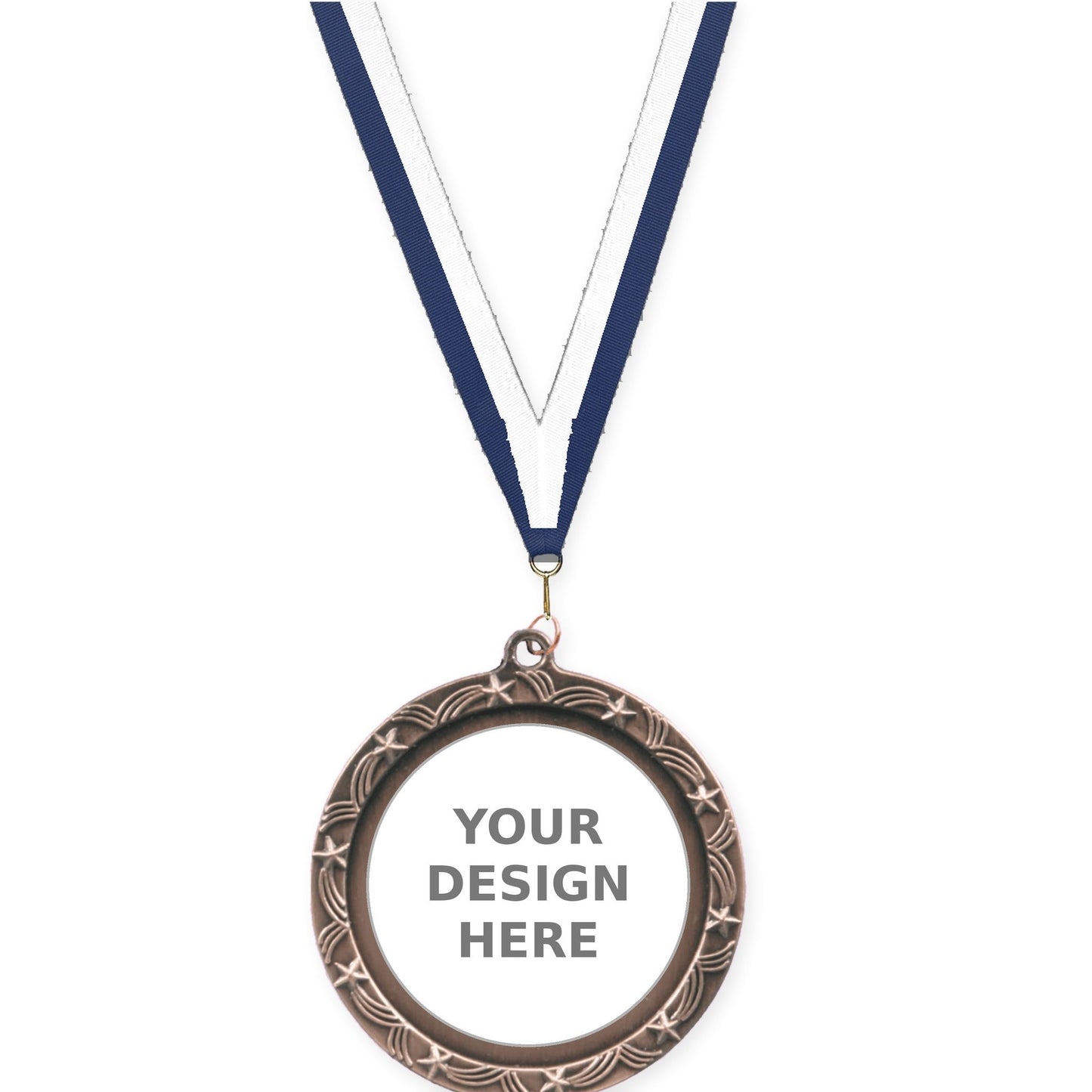 2 1/2 inch Star Halo insert medal in antique bronze with Navy White neck ribbon