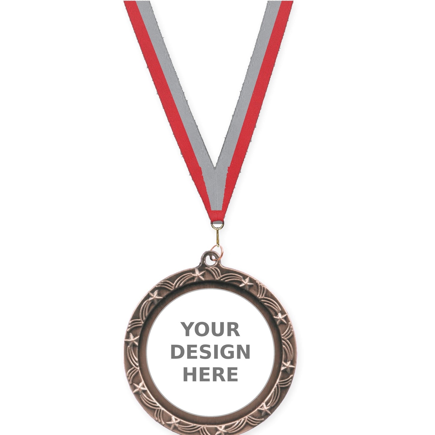 2 1/2 inch Star Halo insert medal in antique bronze with Red Gray neck ribbon