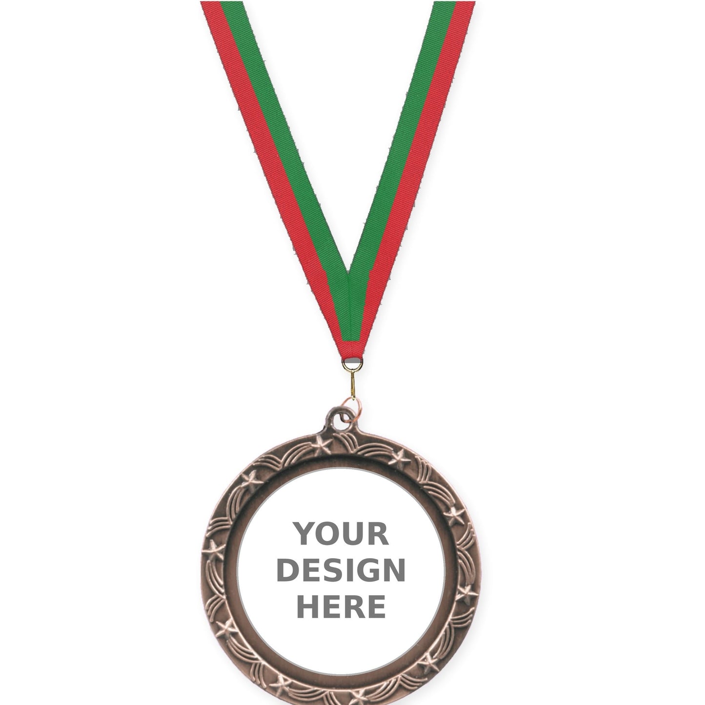 2 1/2 inch Star Halo insert medal in antique bronze with Red Green neck ribbon