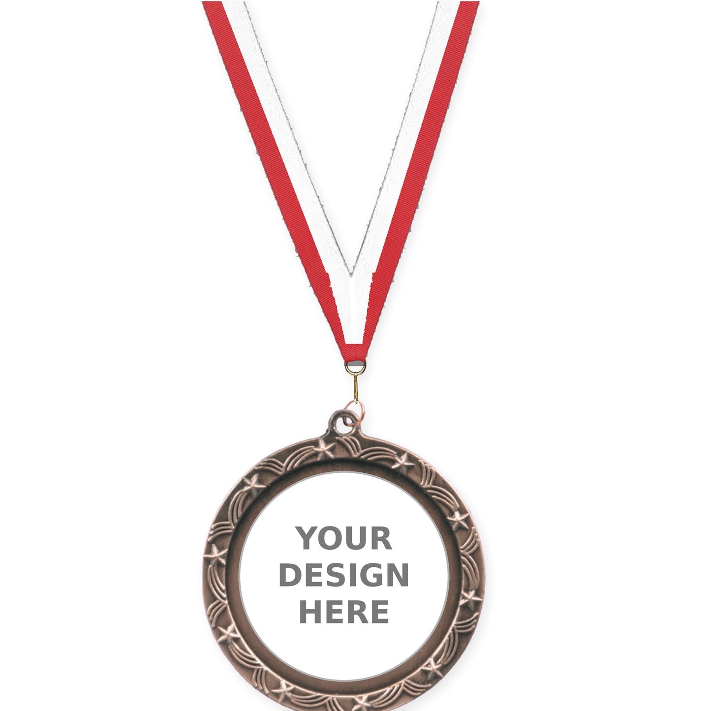 2 1/2 inch Star Halo insert medal in antique bronze with Red White neck ribbon