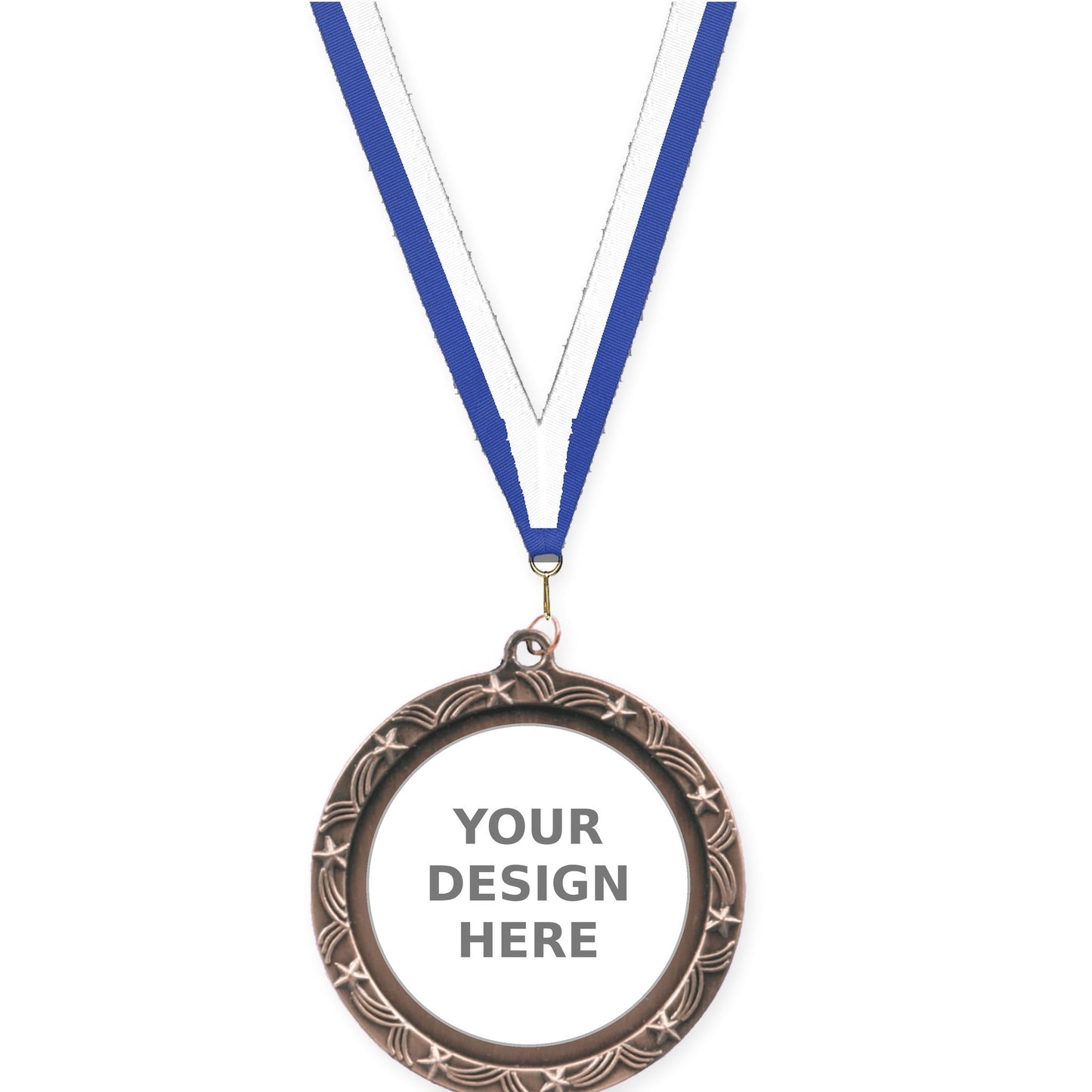 2 1/2 inch Star Halo insert medal in antique bronze with Blue White neck ribbon