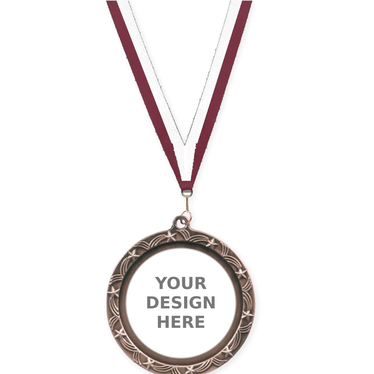 2 1/2 inch Star Halo insert medal in antique bronze with Maroon White neck ribbon