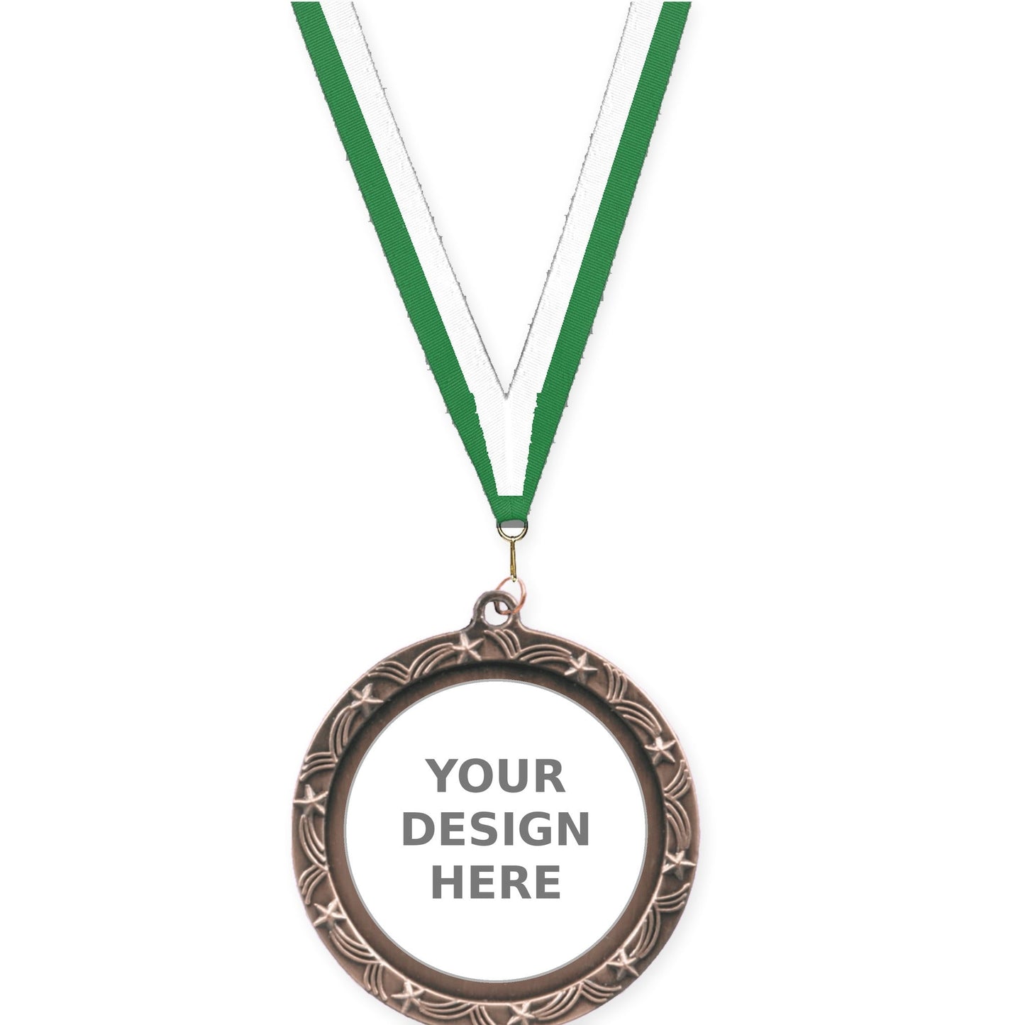 2 1/2 inch Star Halo insert medal in antique bronze with Green White neck ribbon