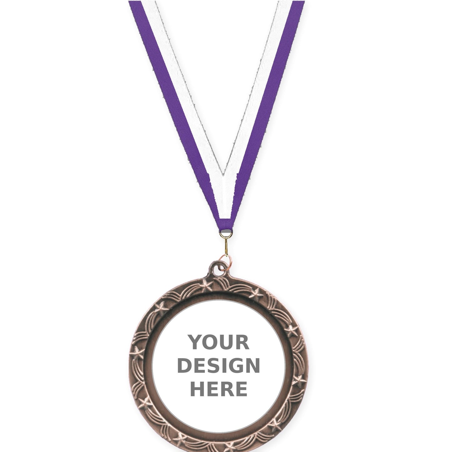 2 1/2 inch Star Halo insert medal in antique bronze with Purple White neck ribbon