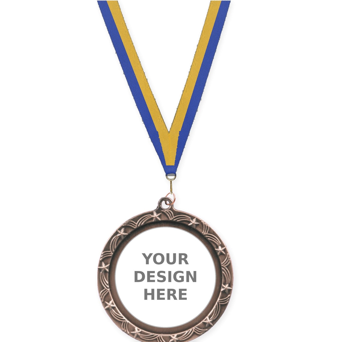 2 1/2 inch Star Halo insert medal in antique bronze with Blue Gold neck ribbon