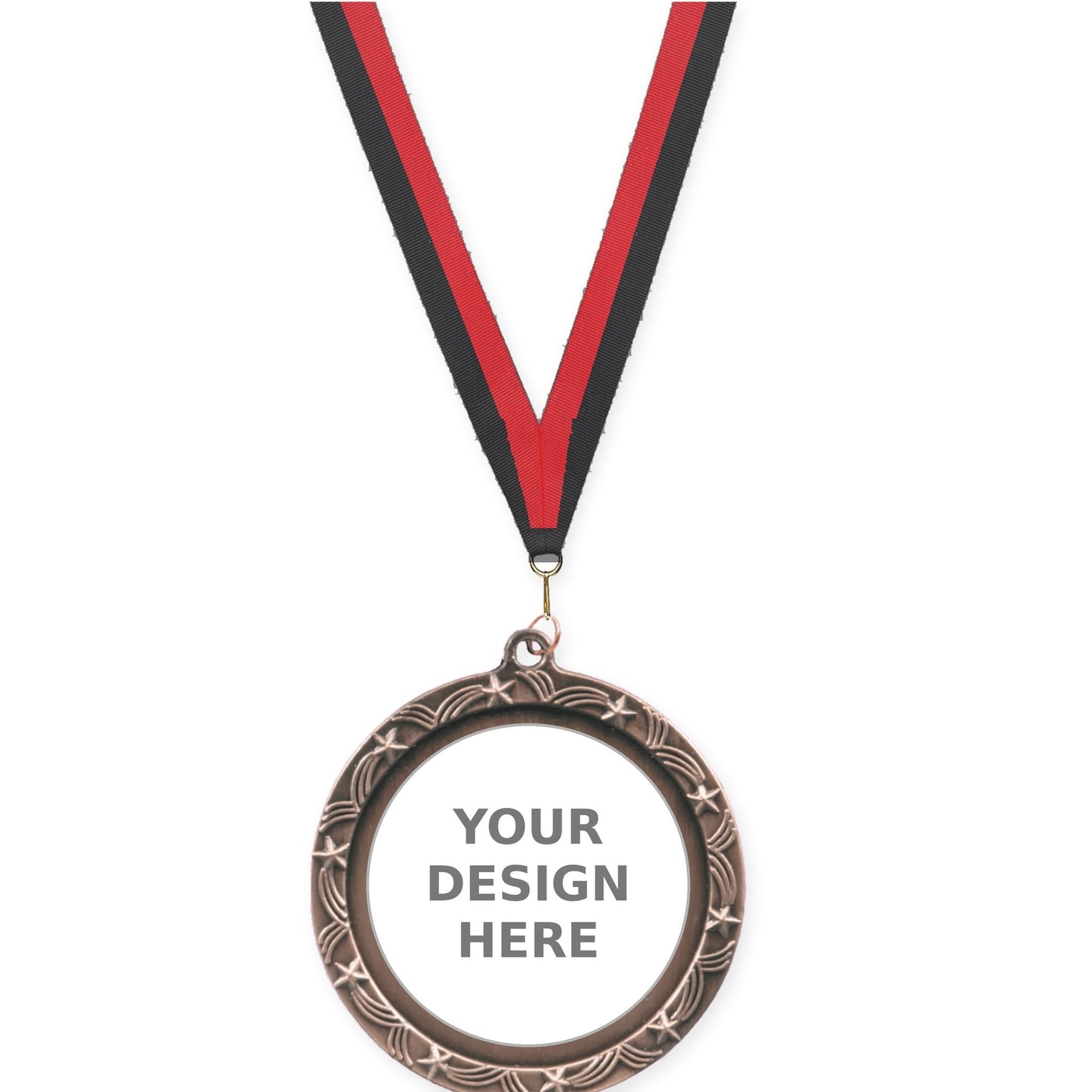 2 1/2 inch Star Halo insert medal in antique bronze with Black Red neck ribbon