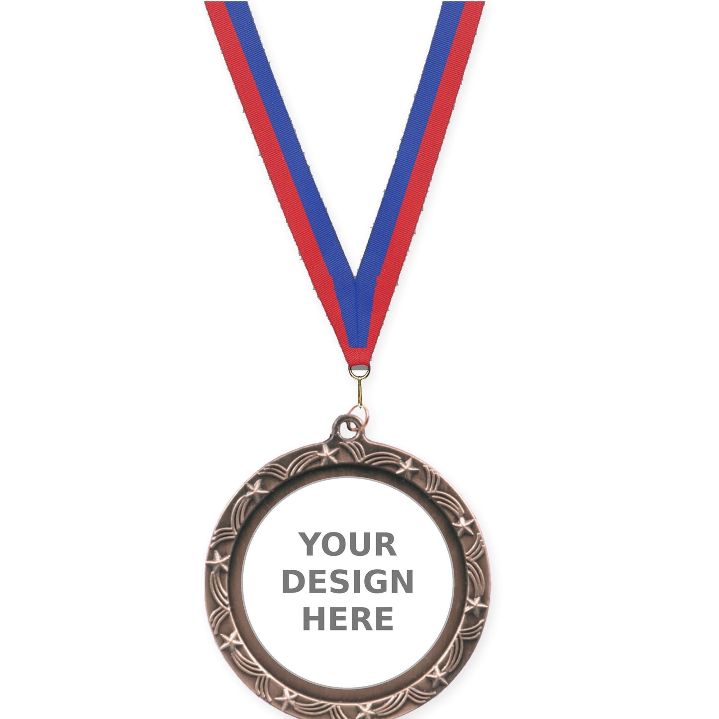 2 1/2 inch Star Halo insert medal in antique bronze with Blue Red neck ribbon