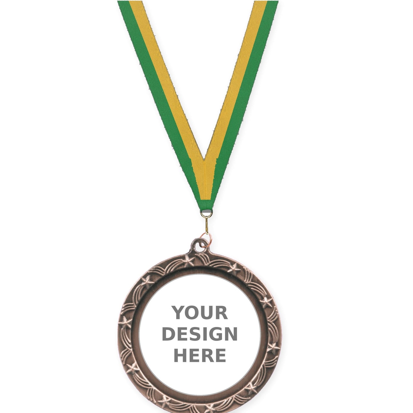 2 1/2 inch Star Halo insert medal in antique bronze with Green Gold neck ribbon