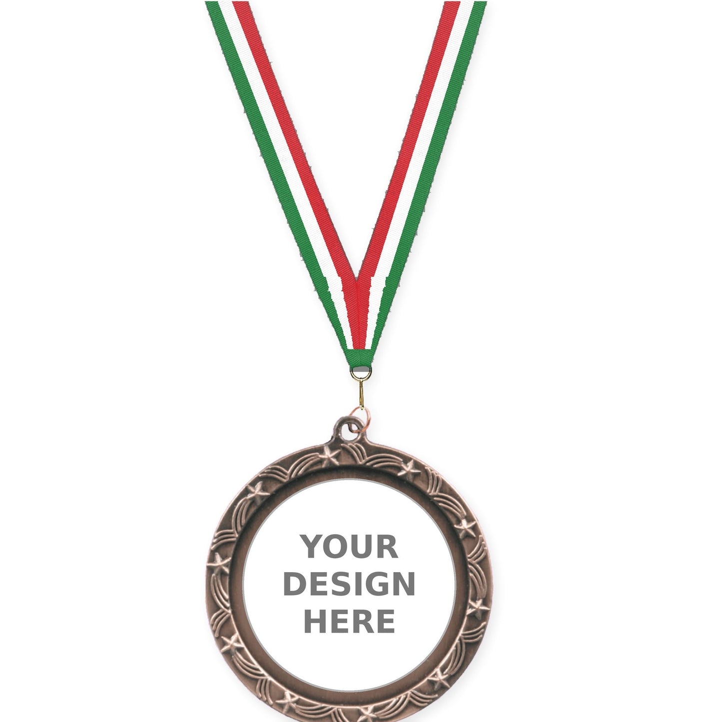 2 1/2 inch Star Halo insert medal in antique bronze with Green White Red neck ribbon