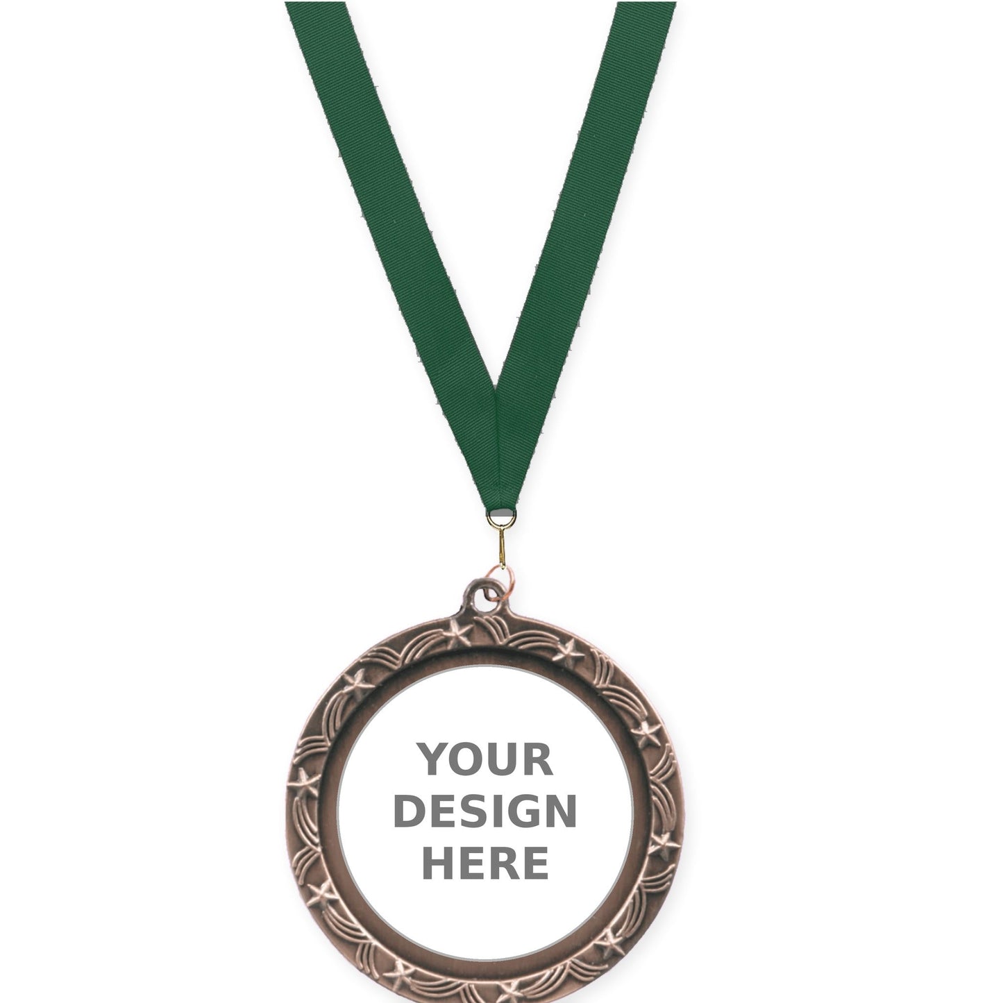 2 1/2 inch Star Halo insert medal in antique bronze with Hunter Green neck ribbon